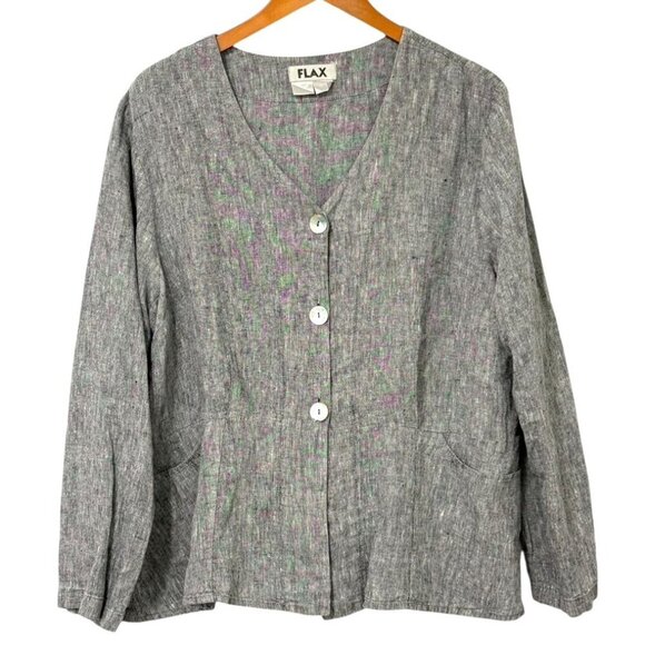 Flax Heathered Black Linen Button Down Blouse Jacket Pockets Lagenlook Size L - Picture 9 of 9